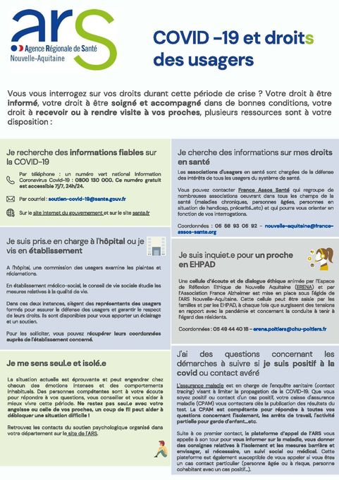 Affiche de l'ARS "COVID-19 et droits des usagers". Informations fiables sur la COVID : 0800 130 000, informations sur mes droits en santé : 05 56 93 05 92 - Agrandir l'image, .JPG 265Ko (fenêtre modale)